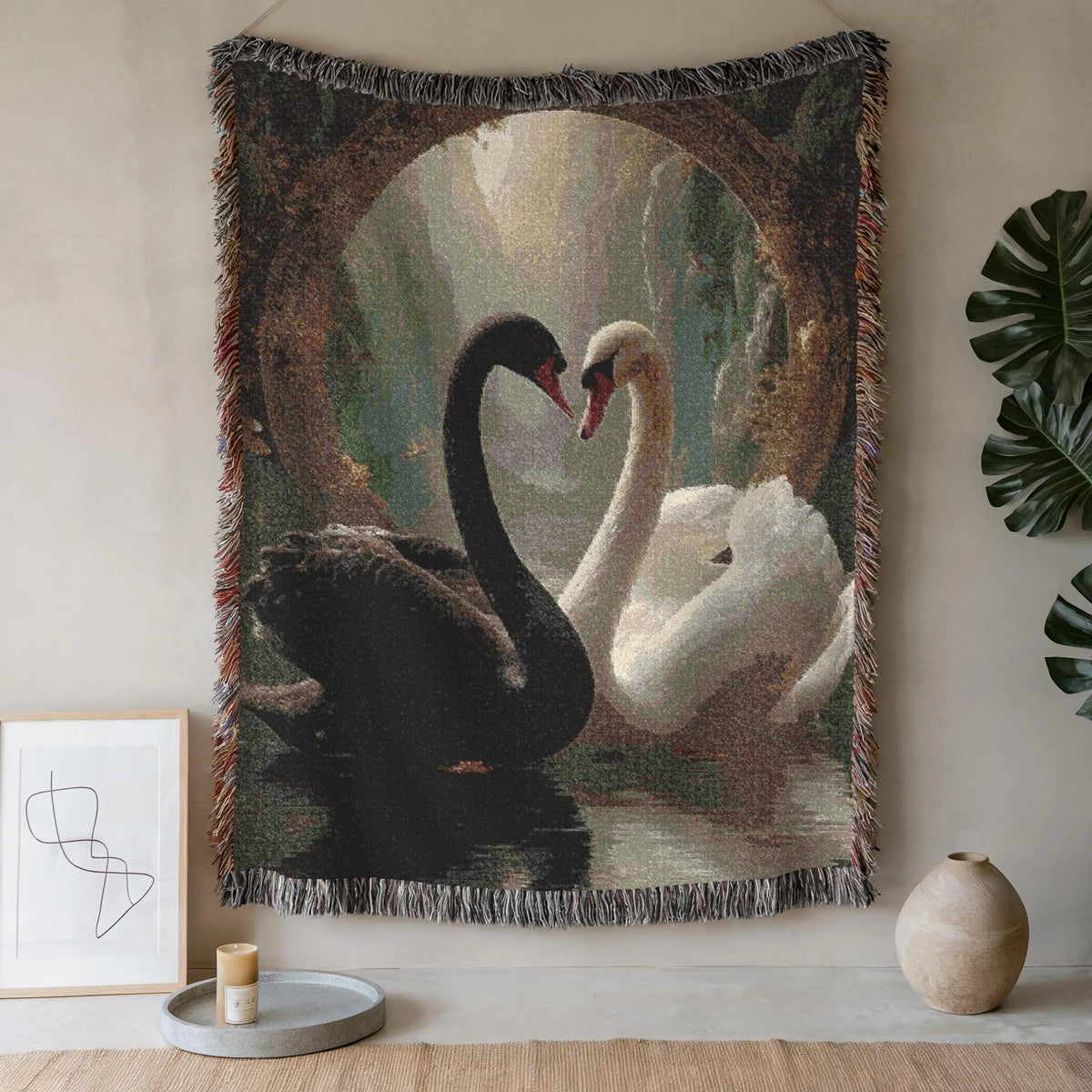 Black and White Swan Woven Blanket - Romantic Heart Couple Cotton Throw Tapestry