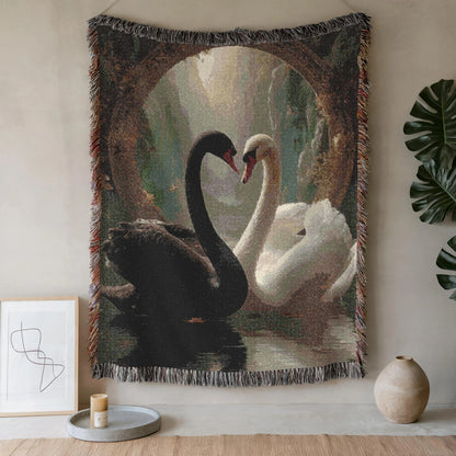 Black and White Swan Woven Blanket - Romantic Heart Couple Cotton Throw Tapestry