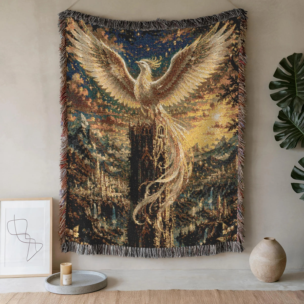White Phoenix Woven Blanket - Gothic Tower Fantasy Cotton Throw Tapestry