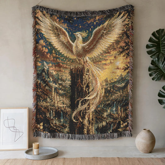 White Phoenix Woven Blanket - Gothic Tower Fantasy Cotton Throw Tapestry