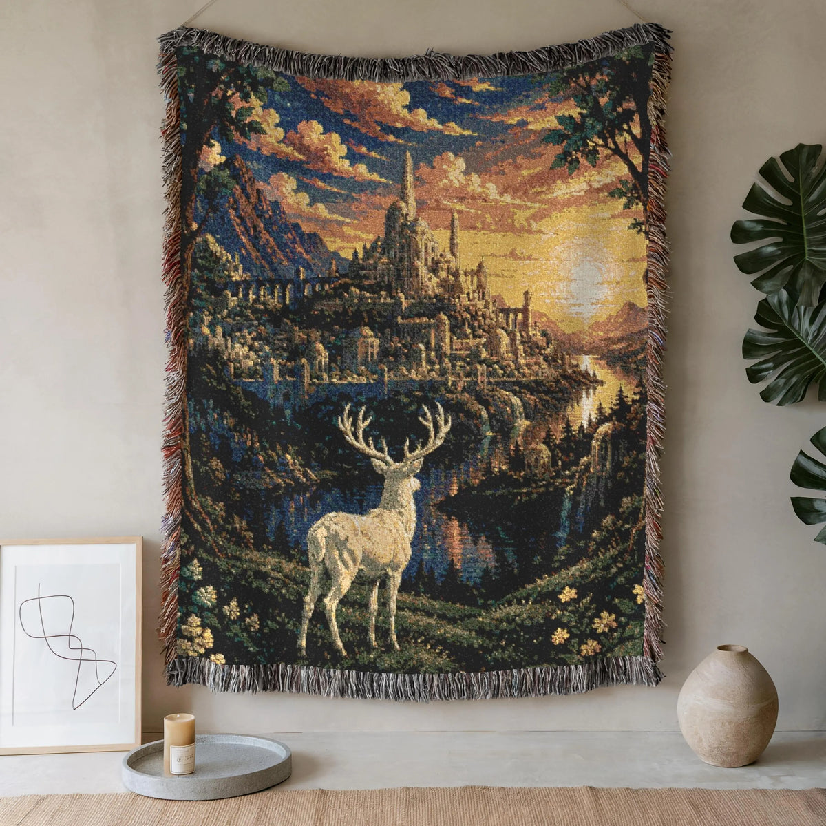 White Stag Woven Blanket - Fantasy Castle Sunset Cotton Throw Tapestry