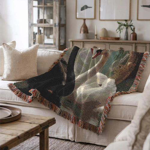 Black and White Swan Woven Blanket - Romantic Heart Couple Cotton Throw Tapestry