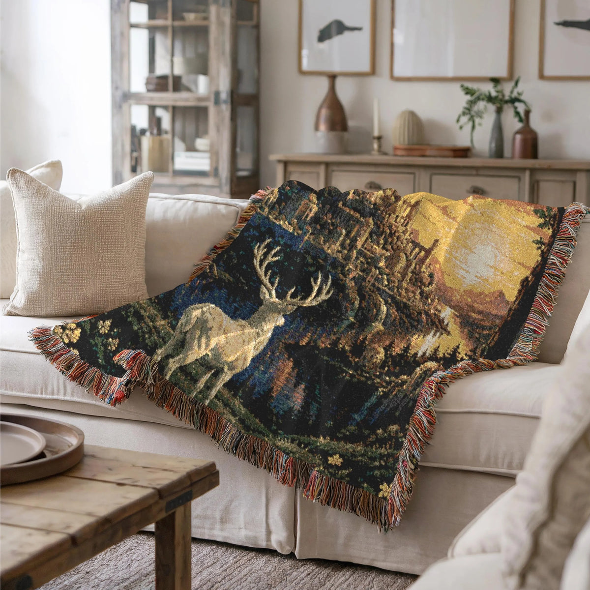 White Stag Woven Blanket - Fantasy Castle Sunset Cotton Throw Tapestry