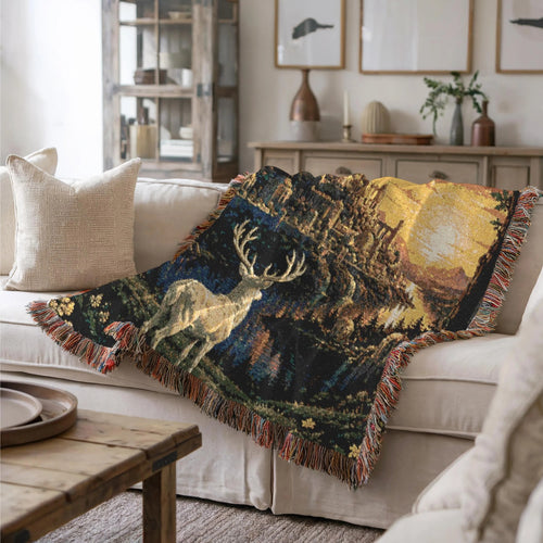 White Stag Woven Blanket - Fantasy Castle Sunset Cotton Throw Tapestry