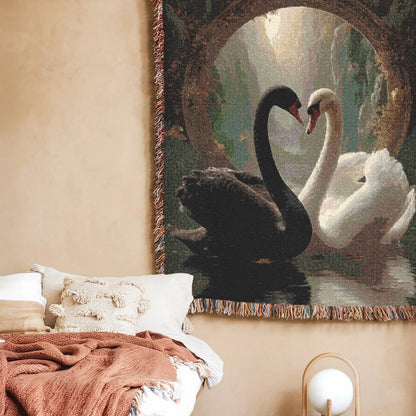 Black and White Swan Woven Blanket - Romantic Heart Couple Cotton Throw Tapestry