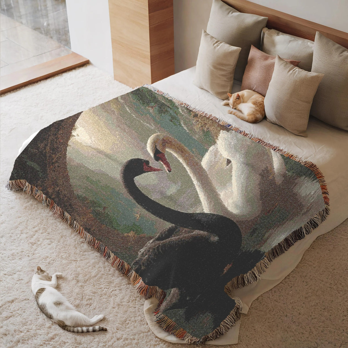 Black and White Swan Woven Blanket - Romantic Heart Couple Cotton Throw Tapestry