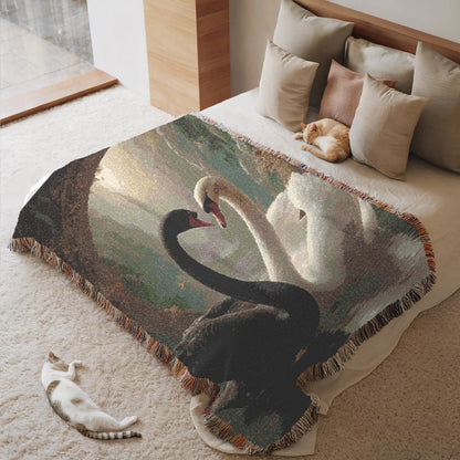 Black and White Swan Woven Blanket - Romantic Heart Couple Cotton Throw Tapestry