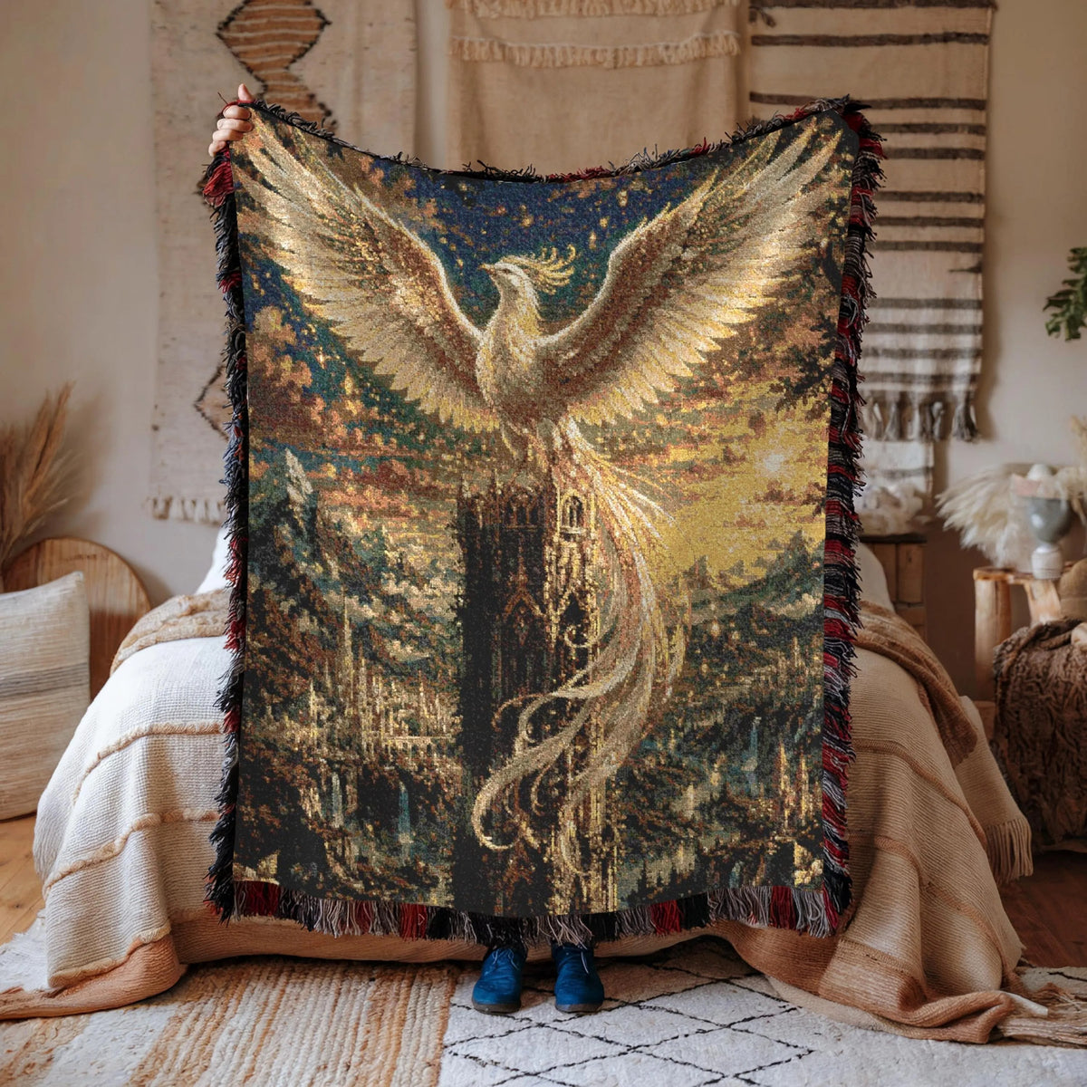 White Phoenix Woven Blanket - Gothic Tower Fantasy Cotton Throw Tapestry