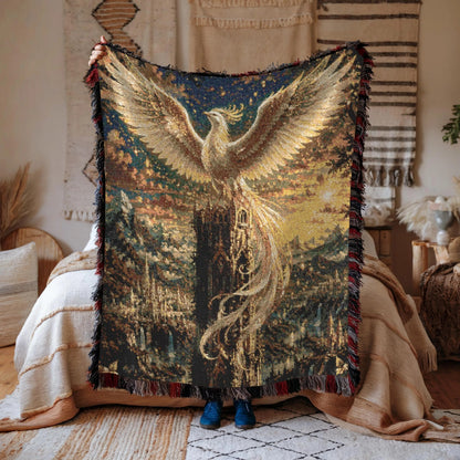 White Phoenix Woven Blanket - Gothic Tower Fantasy Cotton Throw Tapestry