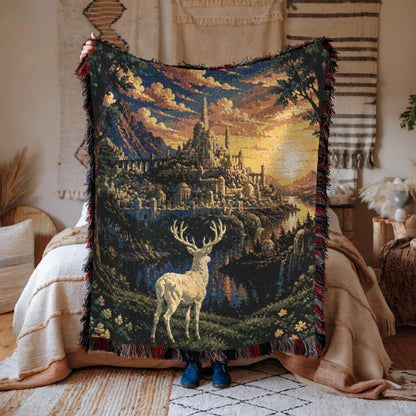 White Stag Woven Blanket - Fantasy Castle Sunset Cotton Throw Tapestry