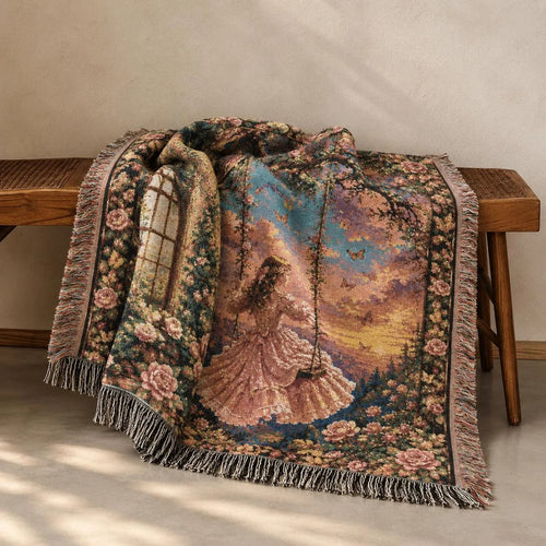 Victorian Girl on Swing Woven Blanket - Rose Garden Sunset Cotton Throw Tapestry