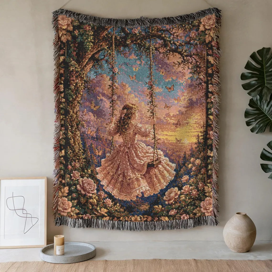 Victorian Girl on Swing Woven Blanket - Rose Garden Sunset Cotton Throw Tapestry