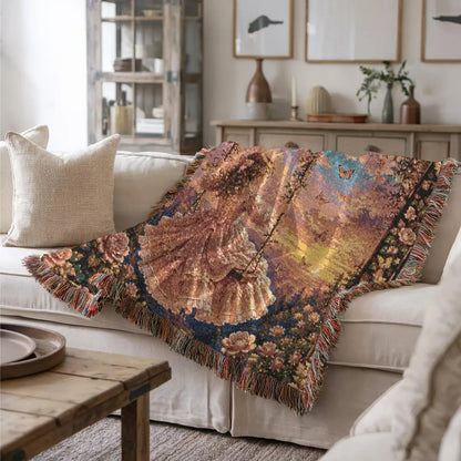 Victorian Girl on Swing Woven Blanket - Rose Garden Sunset Cotton Throw Tapestry